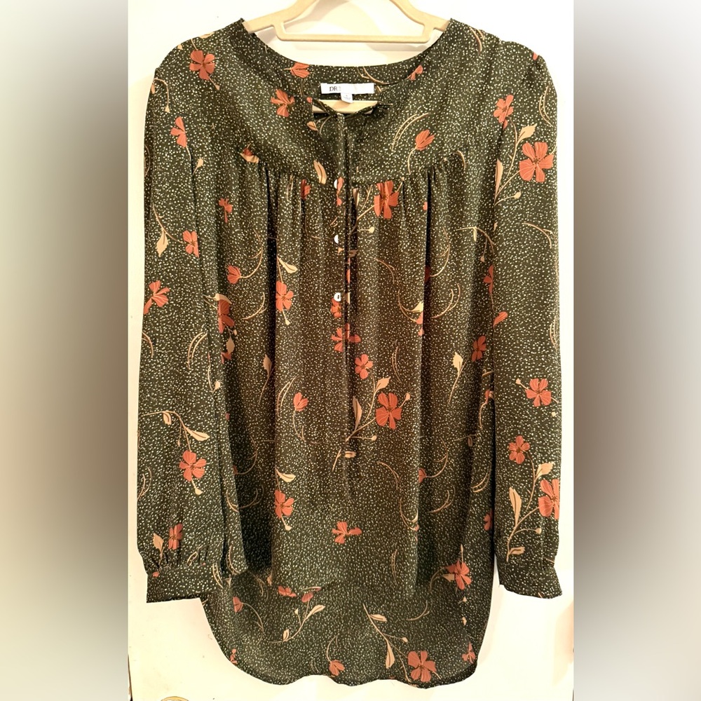 DR2 by Daniel Rainn high-low, long-sleeve, sheer floral blouse.Sz. S
